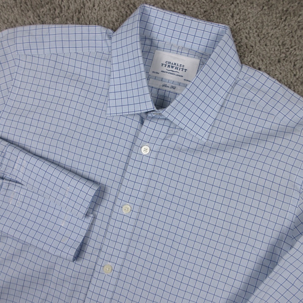 Charles Tyrwhitt Shirt Mens L 16.5 33 Blue Plaid Slim Fit French Cuff Button Up